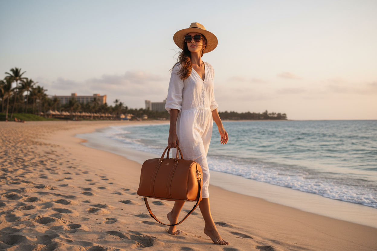 Female model on beach with bag
