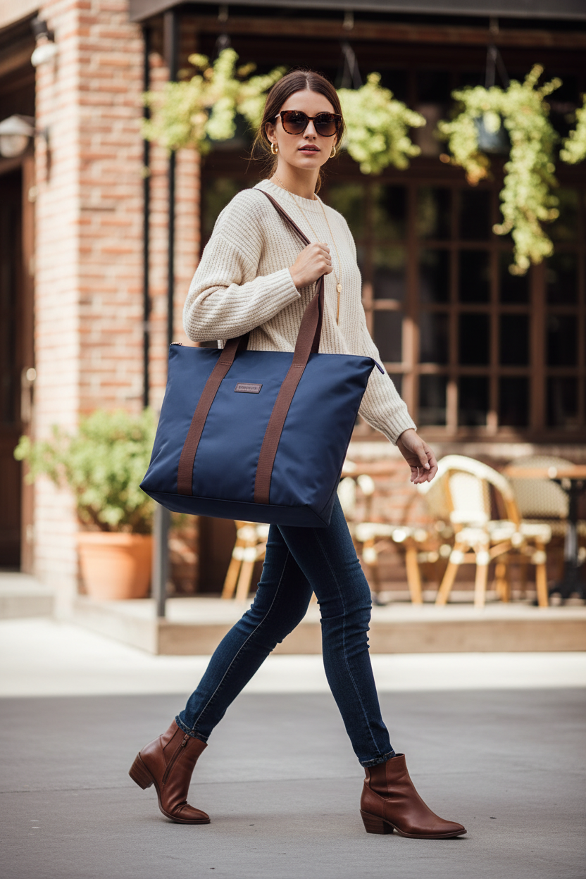 Model carrying navy blue Shark tote bag