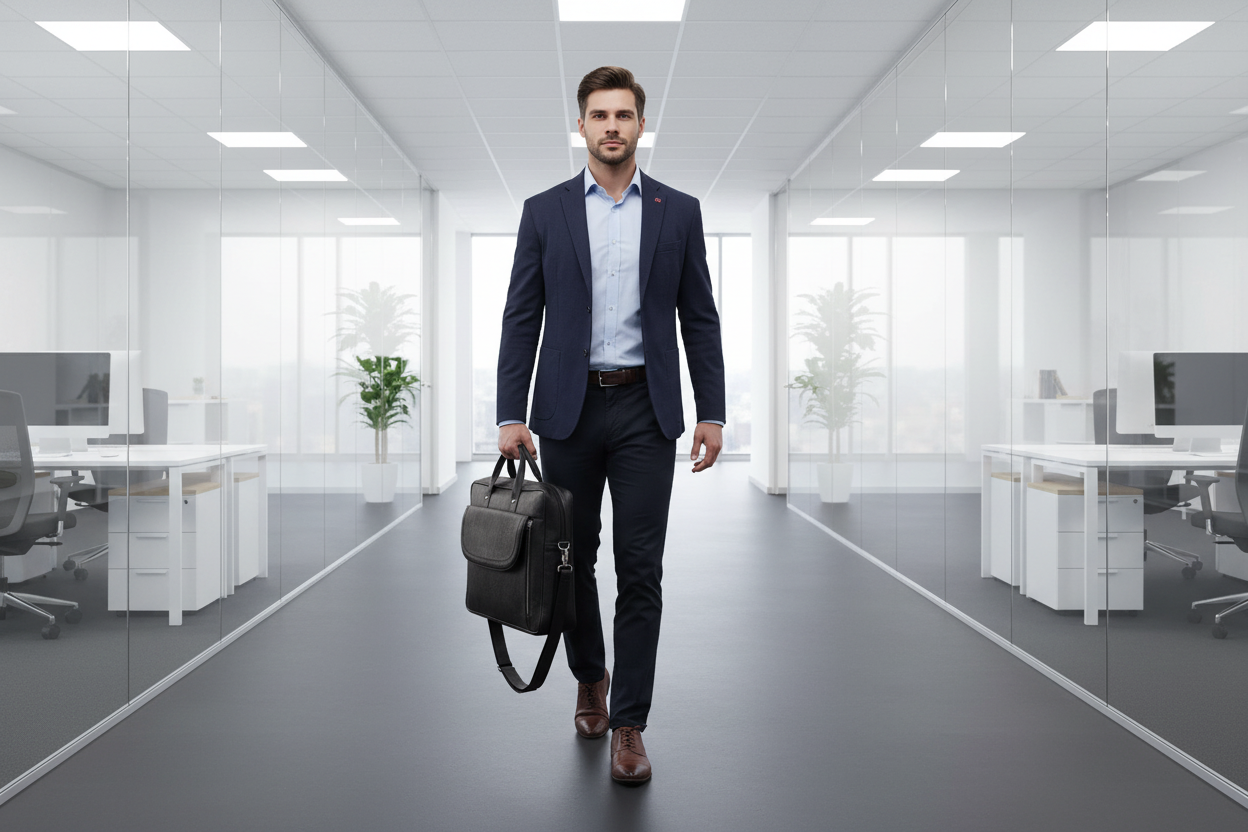 Professional male model with MASSIMO Laptop Bag on uniform dark floor