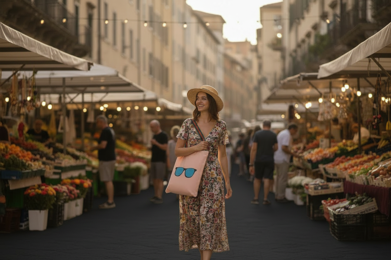 Woman with pink bag at market on dark road